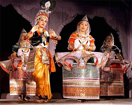 The traditional Manipuri dance, Maha-Raas, celebrates the divine love between Lord Krishna and Radha