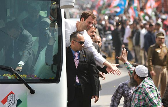Rahul Gandhi greets a voter on the campaign trail