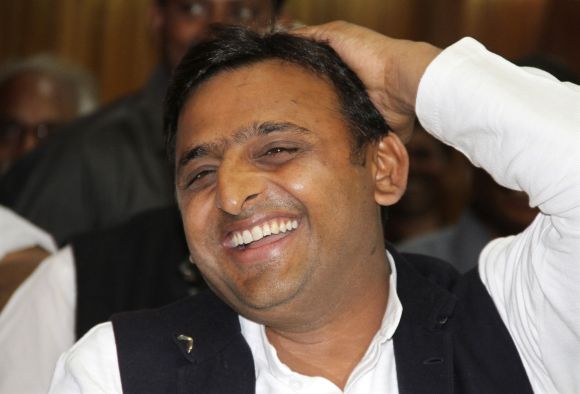 Akhilesh Yadav smiles during a meeting with the newly elected legislators at SP headquarters in Lucknow