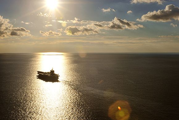 The aircraft carrier USS Enterprise (CVN 65) operates in the Atlantic Ocean during Enterprise Carrier Strike Groups Composite Training Unit Exercise