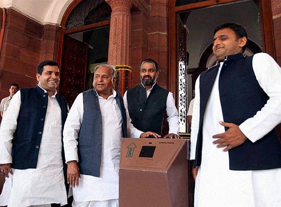 A file photo of Akhilesh (extreme right) with his father Mulayam Singh (second from left) outside Parliament
