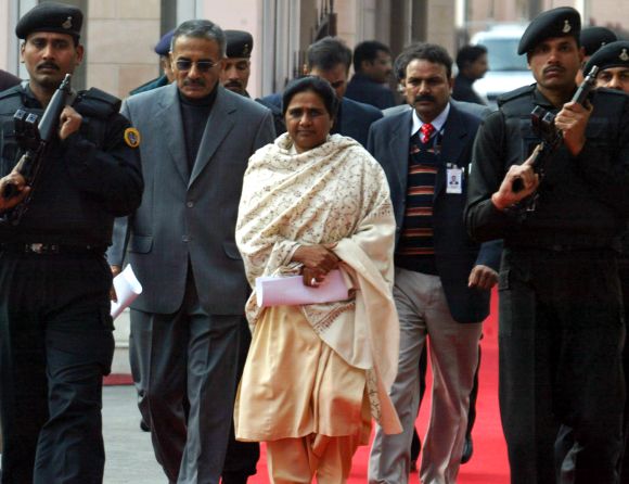 File picture of Mayawati surrounded by security personnel in Lucknow