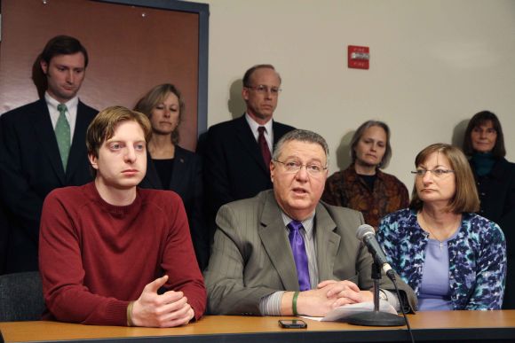 Tyler Clementi's family at a press conference after the verdict. From Left, James Clementi, brother of Tyler Clementi, Joseph Clementi and Jane Clementi, parents of Tyler Clementi