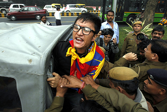 Pro-Tibet protestors at a demonstration in Delhi