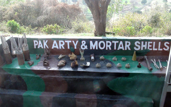 Pakistani artillery shells on display at a post