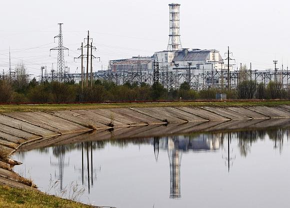 A view shows a sarcophagus covering the damaged fourth reactor at the Chernobyl nuclear power plant in Ukraine