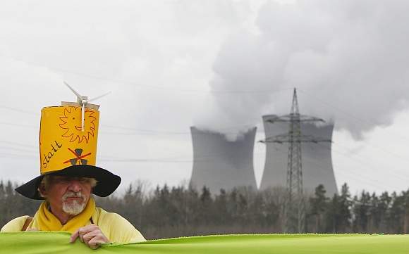 A protester takes part at an anti-nuclear rally near the nuclear power plant Gundremmingen, Germany