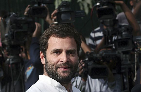 Rahul Gandhi speaks with the media in New Delhi following the poll debacle in UP