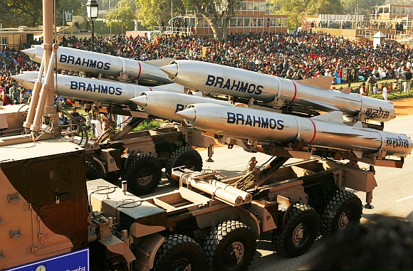 Brahmos supersonic cruise missiles, mounted on a truck, pass by during a full dress rehearsal for the Republic Day parade in New Delhi