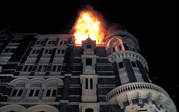 The Taj Hotel on fire during the 26/11 attacks