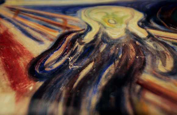 A close up view shows the damage on 'The Scream' at Munch Museum in Oslo September 26, 2006. The painting was recovered by the police in August 2006, two years after they were stolen by two masked gunmen
