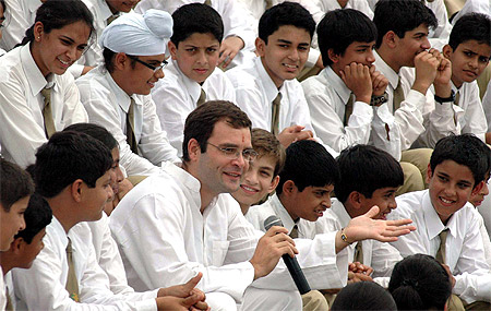 Rahul Gandhi with school children in Bhopal