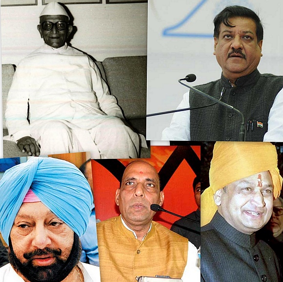 (Clockwise) Morarji Desai, Prithviraj Chavan, Ashok Gehlot, Rajnath Singh, Amarinder Singh