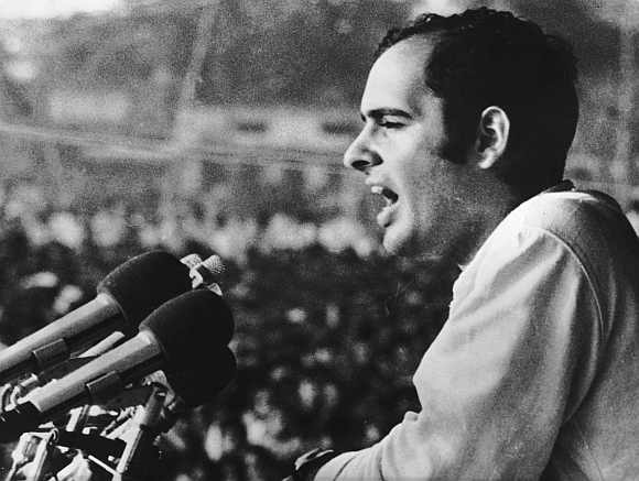 Sanjay Gandhi addressing a public meeting during a visit to the West Bengal, June 2 1976