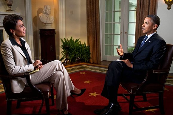 President Barack Obama participates in an interview with Robin Roberts of ABC's Good Morning America, in the Cabinet Room of the White House