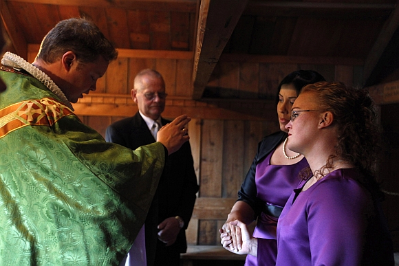 Dufa Drofn Asbjornsdottir and Diana Dogg Hreinsdottir attend their wedding in Reykjavik