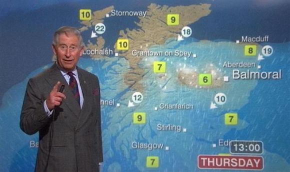Prince Charles presents a special weather forecast during a visit to BBC Scotland's headquarters in Glasgow