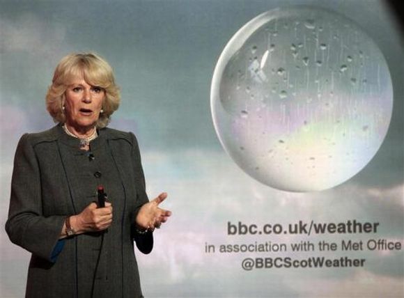 Camilla, Duchess of Cornwall presents a special weather forecast during a visit to BBC Scotland's headquarters in Glasgow