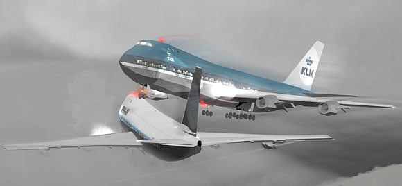 A CGI rendering of the two 747s that were destroyed in the Tenerife Disaster, just seconds before the collision