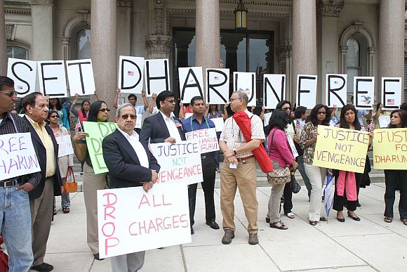 Members of the Indian American community and others protest against hate crime charges against Dharun Ravi, in New Jersey on Monday
