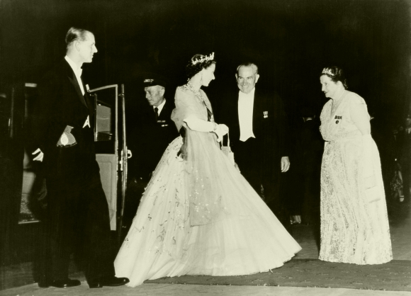Queen Elizabeth II and Prince Philip, Duke of Edinburgh (left) are greeted by Premier of New South Wales Joseph Cahill (1891 - 1959) and his wife Esmey before a State Banquet in Sydney, Australia. Picture taken on February 8, 1954