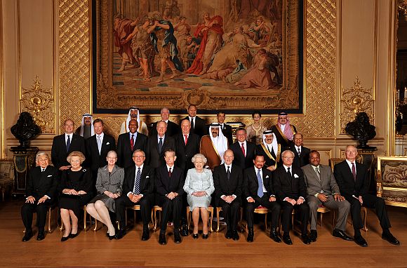 Emperor Akihito of Japan, Queen Beatrix of The Netherlands, Queen Margrethe II of Denmark, King Constantine of Greece, King Michael of Romania, HM , Simeon Borisov of Saxe-Coburg and Gotha, Sultan of Brunei Hassanal Bolkiah, King Carl Gustaf XVI of Sweden, HM the King of Swaziland, and Prince Hans-Adam II of Liechtenstein, (middle row L - R) HSH Prince Albert II of Monaco, Grand Duke Henri of Luxembourg, King Letsie III of Lesotho, King Albert of Belgium, King Harald V of Norway, Emir of the State of Qatar Sheikh Hamad Bin Khalifa Al-Thani, King Abdallah II of Jordan, King of Bahrain Hamad ibn Isa Al Khalifa, The Yang di-Pertuan Agong of Malaysia, (top row, L - R) Nasser Mohamed Al-Jaber Al-Sabah of Kuwait, Crown Prince of Abu Dhabi, HRH the Crown Prince Alexander II of Yugoslavia, King George Tupou V of Tong, Crown Prince Vajiralongkorn of Tahiland, Princess Lalla Meryem of Morocco and HRH Prince Mohammed bin Nawaf bin Abdulaziz Al Saud of Saudi Arabia before her Sovereign Monarch's Jubilee lunch, in the Grand reception room at Windsor Castle on May 18, 2012 in Windsor, England