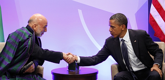 US President Barack Obama with Afghanistan President Hamid Karzai at the NATO Summit at McCormick Place in Chicago