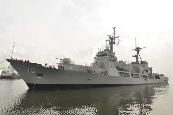 A Philippines navy warship docked at the naval headquarters in Manila