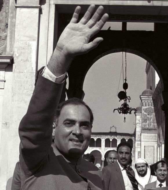 File image of Rajiv Gandhi waving to the public during a visit to Damascus, Syria