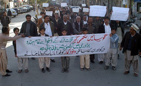 Baloch Hindus stage a protest in front of the Quetta Press Club to demand safe recovery of kidnapped people