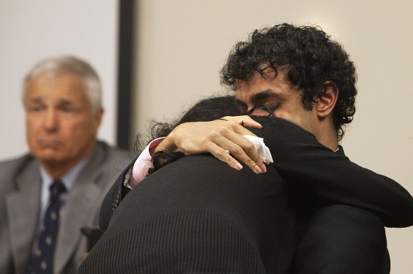 Dharun Ravi hugs his mother, Sabitha Rav, during a sentencing hearing for his conviction in using a webcam to invade the privacy of his roommate, Tyler Clementi, and another man in their college dorm room, in New Brunswick, New Jersey