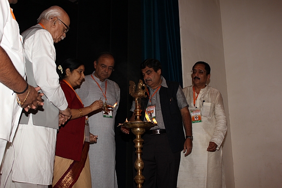 Senior BJP leaders (from left) LK Advani, Sushma Swaraj and Arun Jaitley