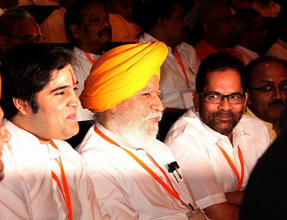 (from left) BJP MP Varun Gandhi, Rajya Sabha MP S S Ahluwalia and BJP general secretary Mukhtar Abbas Naqvi