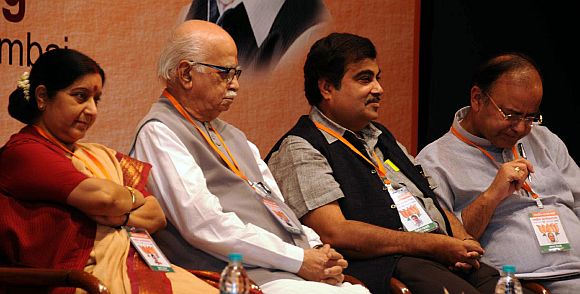 BJP President Nitin Gadkari with L K Advani, Sushma Swaraj and Arun Jaitley  in  Mumbai