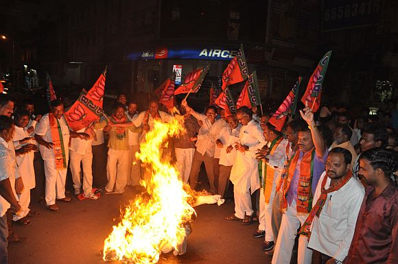 BJP workers burning an effigy in Hyderabad