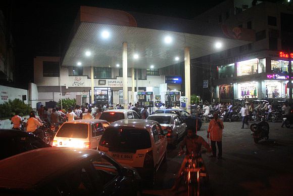 People line up at petrol pump in Hyderabad