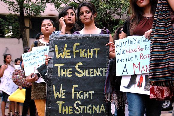 Young girls participate in a slut walk in Kolkata