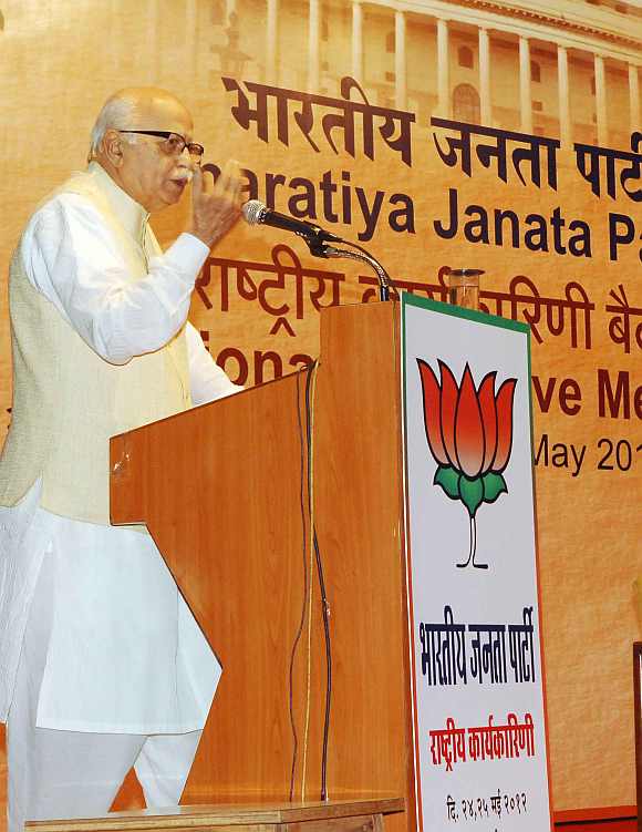 L K Advani at the Yashwant Chavan Auditorium in Mumbai during the BJP national executive meet on Friday