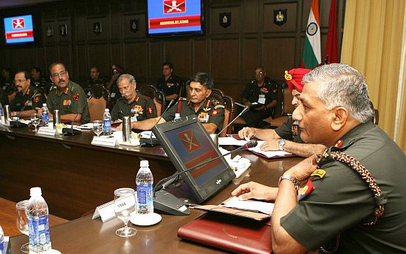 Gen VK Singh, addressing senior army officers, during the Army Commanders Conference, in New Delhi on April 25, 2011