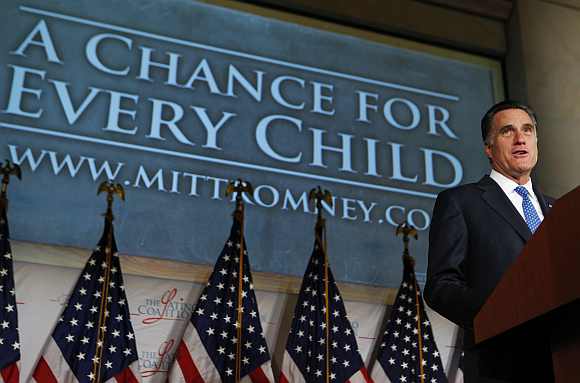 Romney makes a point about children's education at The Latino Coalition during the Annual Economic Summit in Washington