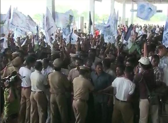 Video grab shows supporters of the YSR Congress party at Vijayamma's road show