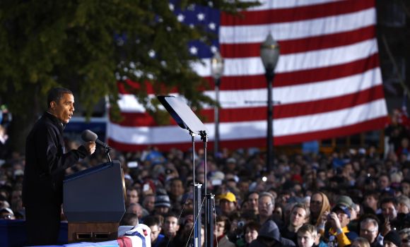 US President Barack Obama speaks during a campaign rally in Dubuque, Iowa, on Saturday