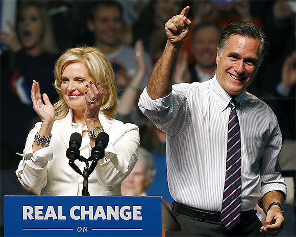 US Republican presidential nominee and former Massachusetts Governor Mitt Romney and his wife Ann at a campaign rally in Manchester, New Hampshire