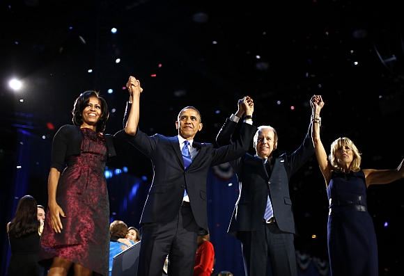 Obama and first lady Michelle Obama celebrate with Vice President Joe Biden and his wife Jill after his victory speech election night in Chicago