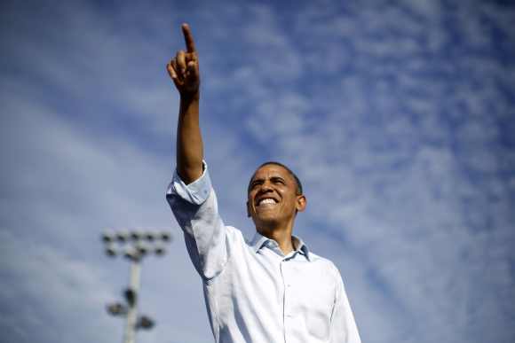 Obama is pictured at an election campaign rally at McArthur High School in Hollywood, Florida