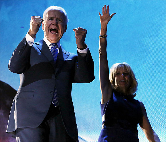 Vice President Joe Biden cheers along with his wife Jill at the rally in Chicago