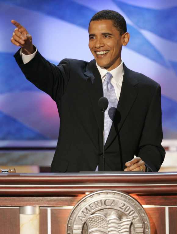 Obama addresses delegates at the 2004 Democratic National Conventio at the FleetCenter in Boston