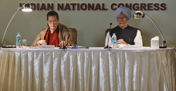 India's Prime Minister Manmohan Singh and Chief of India's ruling Congress party Sonia Gandhi attend the Indian National Congress meeting at Surajkund.