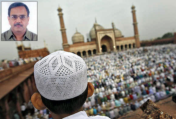 Namaaz being read in a mosque (photograph used for representational purpose only); and, inset, Rakesh Basant