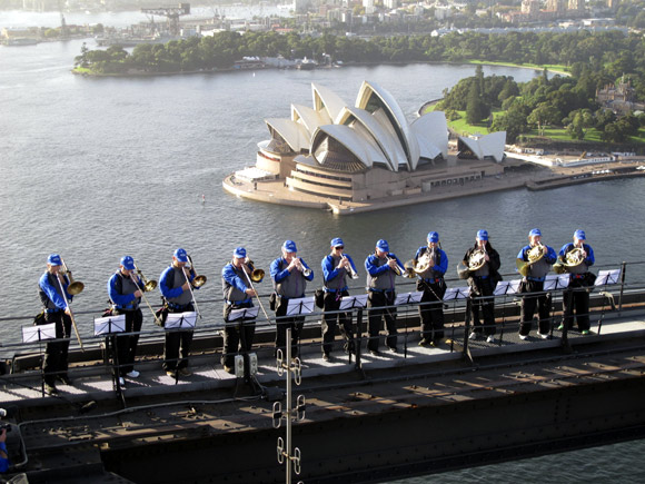 Eleven members of the Sydney Symphony Orchestra perform atop the Sydney Harbour Bridge